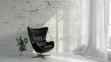 Wall Mural - White wall of bricks paired with a black chair and curtain accents