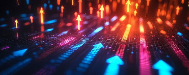 Leinwandbilder - Glowing arrows in bright colors rise upward, symbolizing growth and success against a dark backdrop