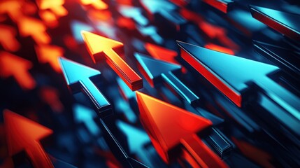 Leinwandbilder - creating a concept of growth, progress and upward mobility. Bright red and blue arrows are arranged in a dynamic pattern, creating a sense of movement and direction against a blurred background.