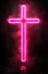 Wall Mural - 
Neon pink cross on a black background

