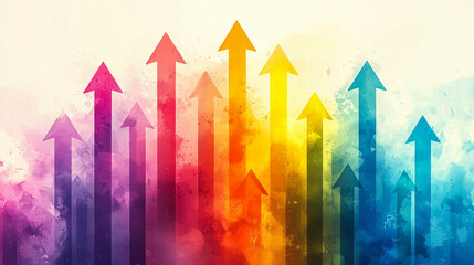 Poster - Arrows in diverse colors point upwards, symbolizing growth and success in a corporate setting, blending vibrant shades for visual impact.