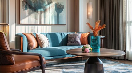 Modern living room with armchair, wooden table, blue sofa, and pillows in photo