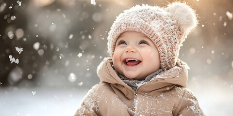 Child laughing in snow, wearing winter clothes, outdoor scene