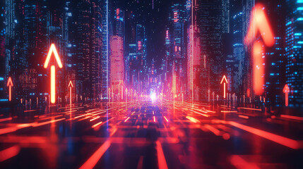 Poster - Brightly colored arrows rise against a high-tech backdrop, symbolizing growth and progress in a modern office environment as the evening light sets in.