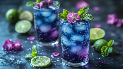 Two glasses of refreshing blue and purple  sparkling beverage with ice, mint, and lime on a dark background.