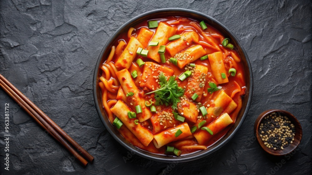 Robboki Overhead flat lay shot of Korean street food dish rabokki tteokbokki ...