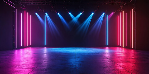 Poster - Empty stage with neon lights, spotlights and beams. Dark background and neon light. Night view, urban setting