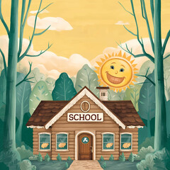 Wall Mural - Illustration of a small, charming school building made of wood against a backdrop of pastel yellow skies and green forests