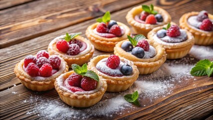 Wall Mural - Sweet pastries with fruit filling on wooden table dusted with powdered sugar