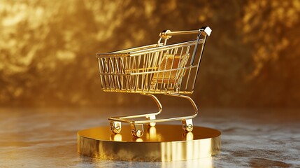 a golden shopping cart is displayed on a golden pedestal in this 3D rendering generative ai