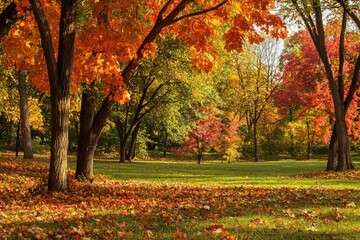 Wall Mural - A picturesque autumn park scene with trees dressed in vibrant fall colors, leaves gently falling to the ground.