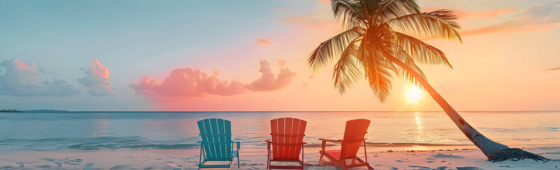 Poster - Palm Tree Sunset Beach Chairs