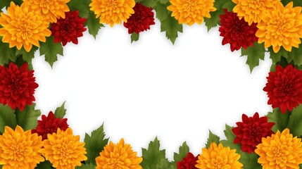 Top-view floral border frame featuring a garland of yellow and red zinnia flowers on a white background. A delicate, decorative design perfect for wedding invitation cards, event decoration, or celebr