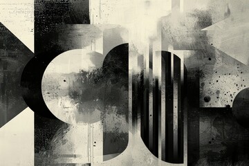 A monochromatic abstract design featuring a diverse array of shapes and textures, creating a visually intriguing composition.