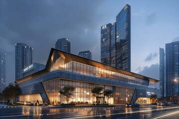 Sticker - Modern convention center with a striking glass facade stands prominently in a bustling urban city center, illuminated by the warm glow of dusk