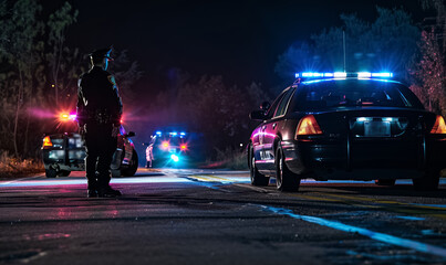 A police officer stands near patrol cars on a misty street at night, with blue and red lights reflecting on the wet road, creating a tense atmosphere of a potential crime scene