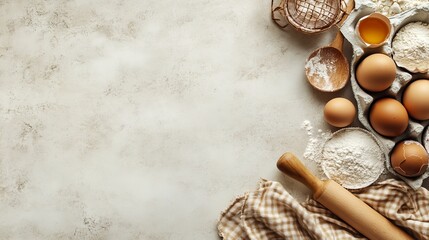 The history of baking at the table with light stones. flour, sugar, eggs, and rolling pin. Top view with copy space