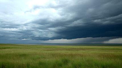 Poster - Dramatic Storm Clouds Over Lush Green Field Landscape - Nature Photography