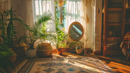 Poster - Bohemian apartment decoration with sunlight, mirror, plants, and stylish accessories.