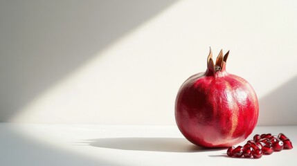 Wall Mural - Whole Pomegranate with Scattered Seeds on White Surface