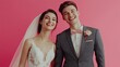 © WiFi - A married couple in wedding attire, smiling brightly with joy. The bride is dressed in a beautiful white wedding gown, and the groom in a stylish suit. The background is a vibrant pink.