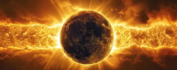 Wall Mural - A fiery, glowing orb, likely a planet or star, surrounded by flames, creating an intense, apocalyptic, and cosmic scene.