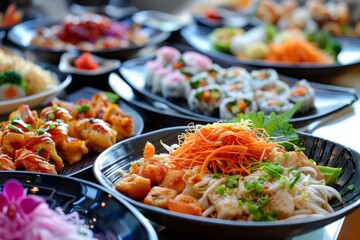 Wide variety of japanese cuisine is being served buffet style in black dishes