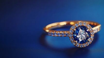 Wall Mural - Beautiful gold engagement ring with sapphire and diamonds set against a vivid blue background. This exquisite jewelry was expertly and flawlessly retouched, befitting a jeweler.