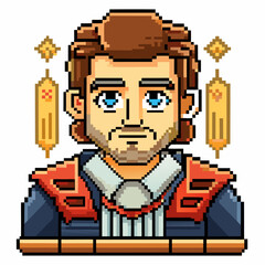 Retro Pixel Art Portrait of a Bearded Man with Blue Eyes and Ornate Jacket