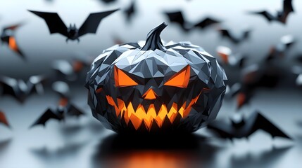 A spooky black pumpkin with glowing eyes and sharp teeth, surrounded by flying bats. Perfect for Halloween-themed designs.