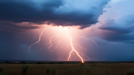 Poster - Dramatic Lightning Strike Over Grassy Field, Stormy Sky, Nature Photography, Weather, Thunderstorm, Dramatic Sky