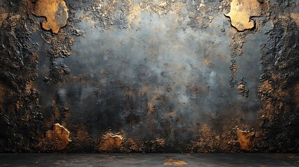 Wall Mural - A weathered metallic wall with a dark blue and gold color scheme, perfect for adding a rustic or industrial feel to your design.