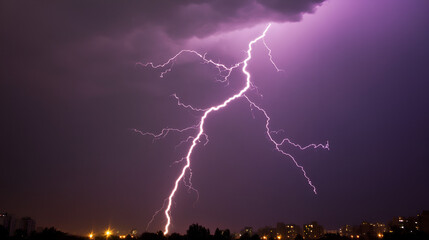 Poster - Dramatic Lightning Bolt Over Cityscape Night Sky - Powerful Nature Photography