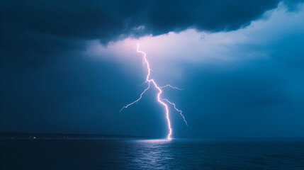 Poster - Dramatic Lightning Strike Over Dark Ocean - Nature Photography, Powerful Storm, Dramatic Weather