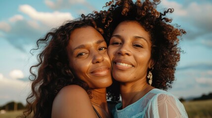 Sticker - Portrait of a young woman enjoying a beach day with her mother, both smiling and embracing each other