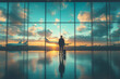 © arnaud - Dans l’aéroport, un homme d'affaires marche avec son bagage dans le couloir en verre. Il attend sa réunion, admirant la vue sur la ville à travers les fenêtres.