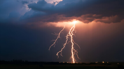 Poster - Dramatic Lightning Strike During Stormy Weather, Thunderstorm Clouds and Powerful Bolt, Nature Photography