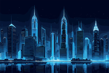 Futuristic City Skyline with Reflections at Night