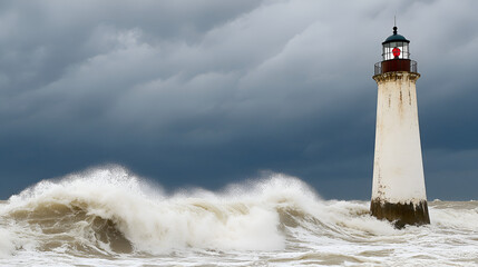 Poster - Dramatic Lighthouse in Stormy Sea with Powerful Waves, Coastal Landscape Photography