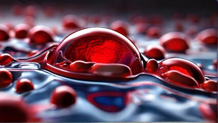 Poster - Vibrant red droplets float on the surface of a dark liquid, forming intricate patterns and reflections that resemble an abstract and emotional landscape