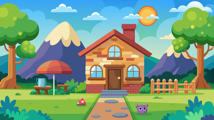 Wall Mural - Minimalist kid 2d game background house cartoon vector art illustration