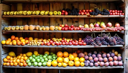 Fresh fruits piled on a wooden shelf, irresistible aroma invites tasting.