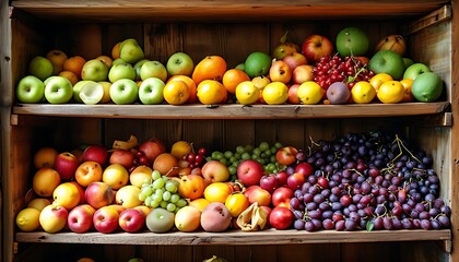 Fresh fruits piled on a wooden shelf, irresistible aroma invites tasting.