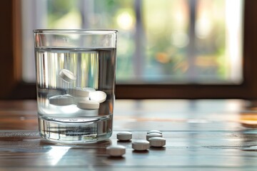 Wall Mural - Effervescent tablets dissolving in a glass of water on wooden table with window on background