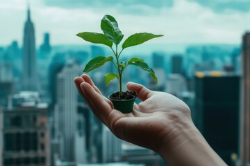 A human hand holding a vibrant green plant against a cityscape, highlighting themes of ecology and environmental protection.