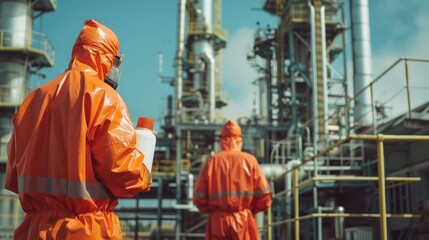 Workers in protective suits at a chemical plant . Concept Chemical Plant, Protective Suits, Workers, Safety Measures, Industry Environment 