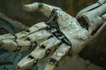 Canvas Print - Futuristic robot hand with white and chrome plating reaches toward the viewer, its intricate mechanisms exposed