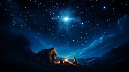 Nativity Sky: Celebrating the Birth of Jesus Christ in Bethlehem. A Beautiful Dark Blue Starry Sky with a Bright Star.