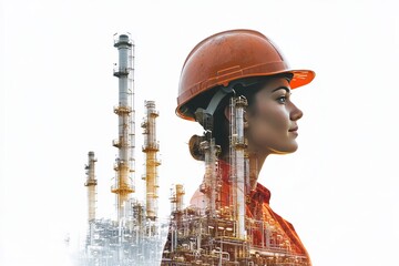 Wall Mural - A woman in a hard hat with an oil refinery superimposed over her face looking ahead.