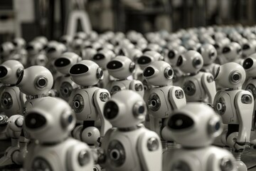 Poster - Many identical robots standing in a row, all looking straight ahead